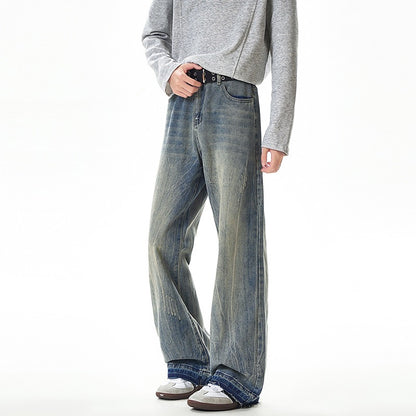 Streetwear Lightning Pattern Washed Denim Pants Men