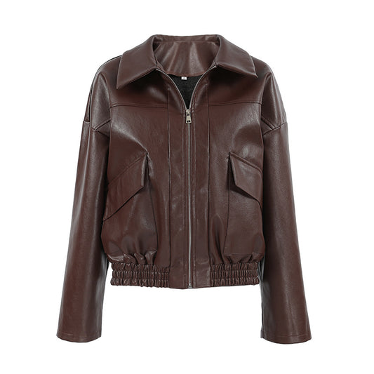 Spring and Autumn Vintage Old Money Style Leather Jacket Pilot Jacket