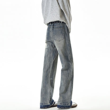 Streetwear Lightning Pattern Washed Denim Pants Men