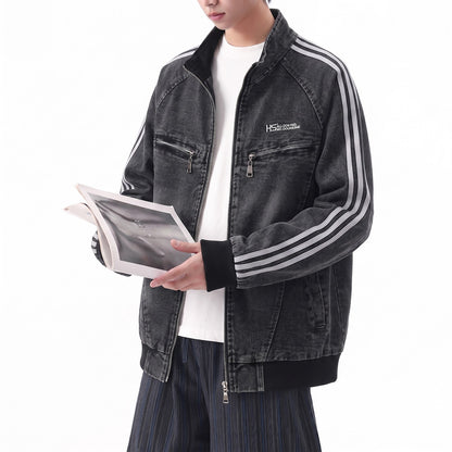 Streetwear Denim Zipper Stand Collar Jacket