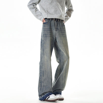 Streetwear Lightning Pattern Washed Denim Pants Men