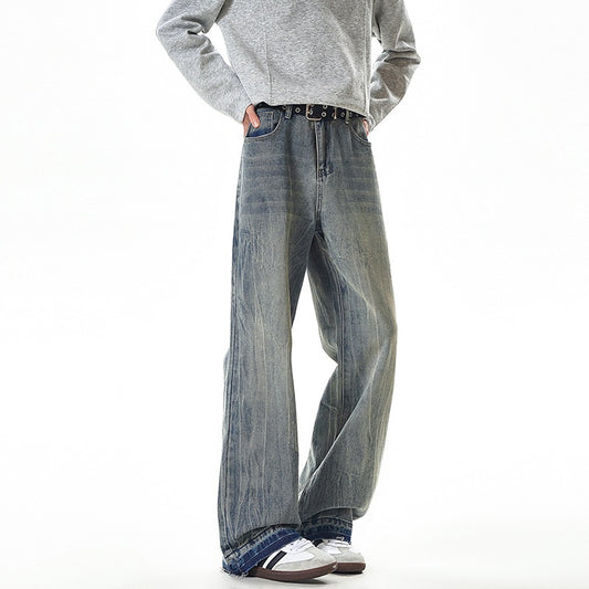 Streetwear Lightning Pattern Washed Denim Pants Men