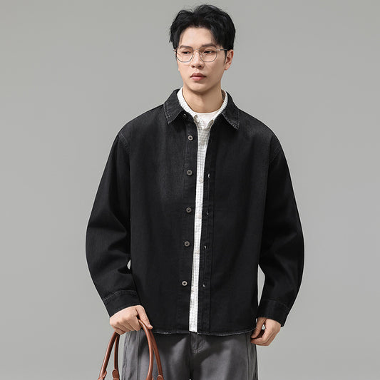 Vintage Washed Black Denim Shirt Men Casual Loose Cotton Outerwear