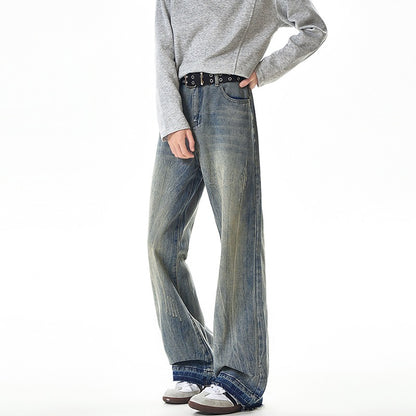 Streetwear Lightning Pattern Washed Denim Pants Men
