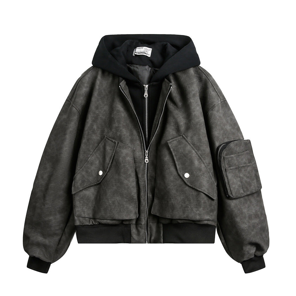 Fake two hooded PU leather jackets