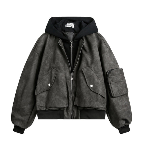 Fake two hooded PU leather jackets