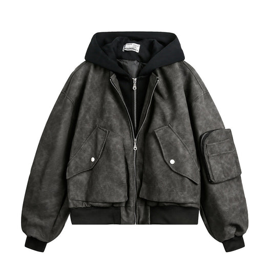 Fake two hooded PU leather jackets