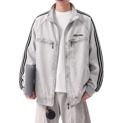 Streetwear Denim Zipper Stand Collar Jacket