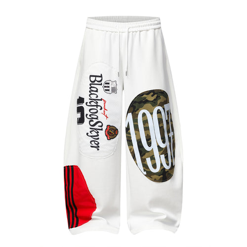 Streetwear Wide Leg Patchwork Camouflage Drawstring Sweatpants