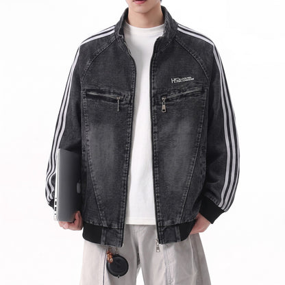 Streetwear Denim Zipper Stand Collar Jacket
