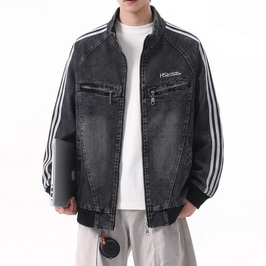Streetwear Denim Zipper Stand Collar Jacket
