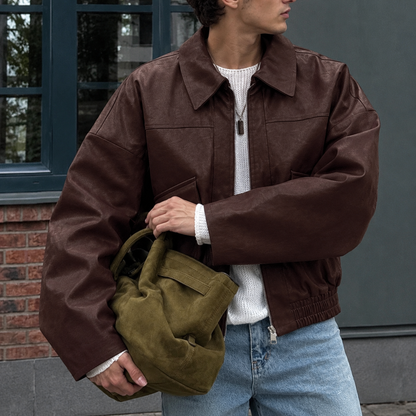 Spring and Autumn Vintage Old Money Style Leather Jacket Pilot Jacket