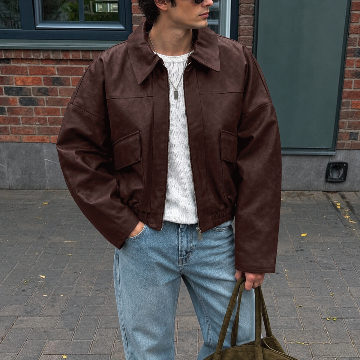 Spring and Autumn Vintage Old Money Style Leather Jacket Pilot Jacket