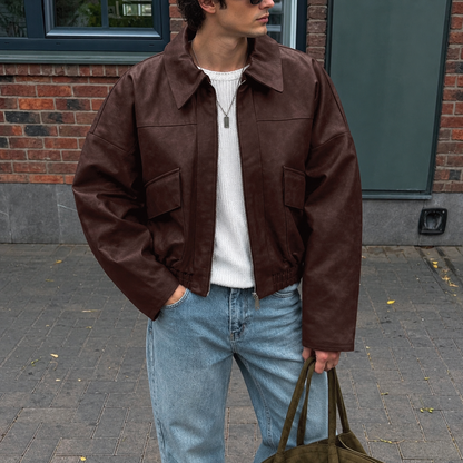 Spring and Autumn Vintage Old Money Style Leather Jacket Pilot Jacket